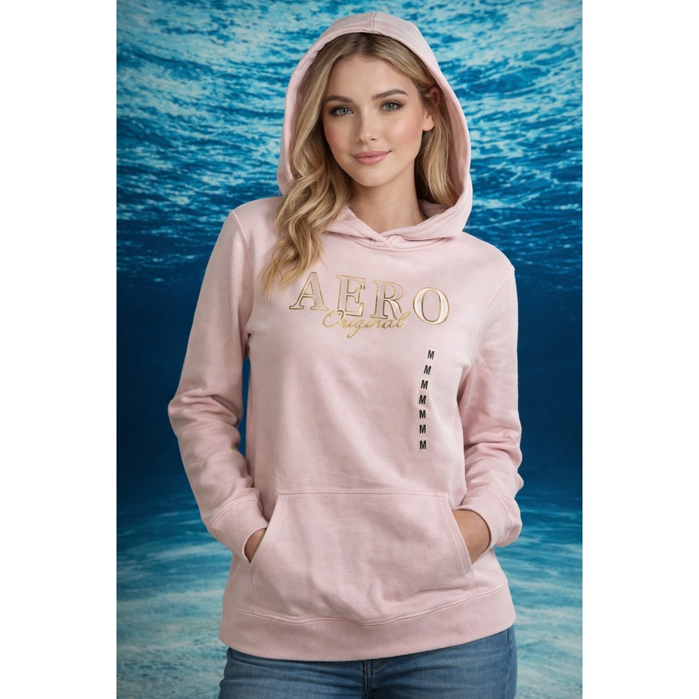 Aeropostale Pink Gold Foil Graphic Aero Original Fleece Hoodie Sweatshirt M